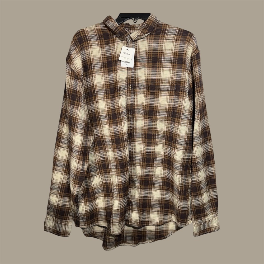Cotton‎ on Men's Boston Long Sleeve Shirt Chocolate Waffle Check New size XL